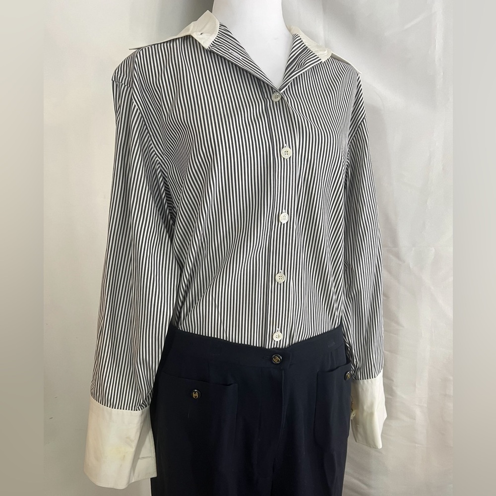 Vintage CHANEL Boutique Striped Dress Shirt, Mother of Pearl Buttons